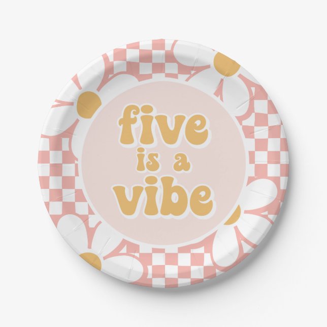 Five is a Vibe Pink Daisy Checker Paper Plates (Front)
