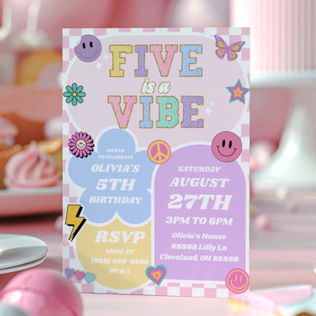 Five Is A Vibe Preppy Patch 5th Birthday Party Invitation (Creator Uploaded)