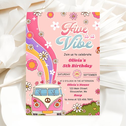 Five is a Vibe Rainbow Floral 5th Birthday Party Invitation