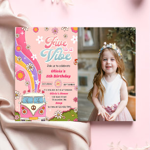 Five is a Vibe Rainbow Floral 5th Birthday Photo Invitation
