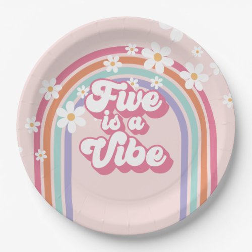 Five is a Vibe Rainbow Pink 5th Birthday Paper Plates