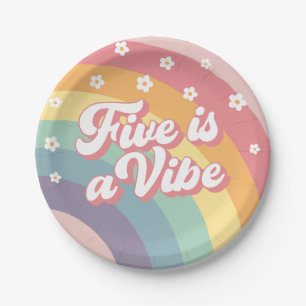 Five is a Vibe Retro 70s Rainbow Daisy Birthday Paper Plates