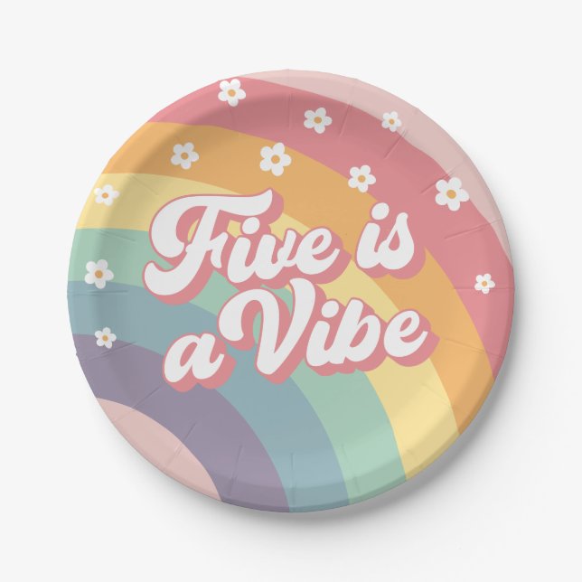 Five is a Vibe Retro 70s Rainbow Daisy Birthday  Paper Plates (Front)