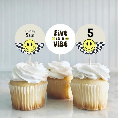 Five is a Vibe Retro Black and white checkered Edible Frosting Rounds