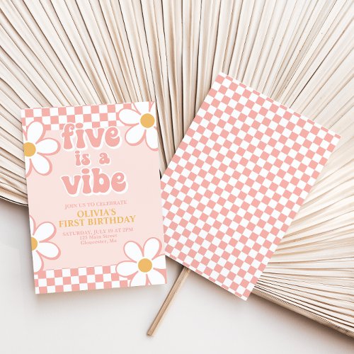 Five is a Vibe Retro Check Pink Daisy Invitation