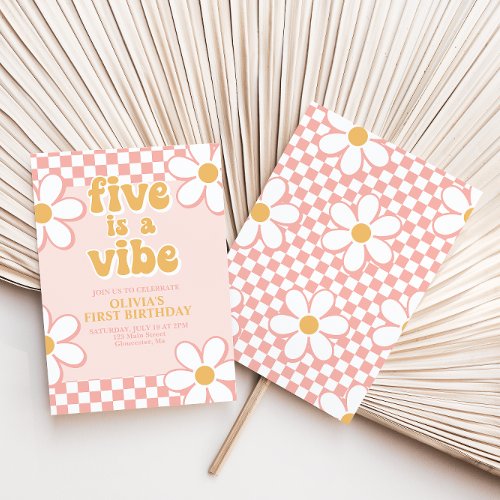 Five is a Vibe Retro Check Pink Daisy Invitation