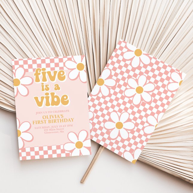 Five is a Vibe Retro Check Pink Daisy Invitation (Creator Uploaded)
