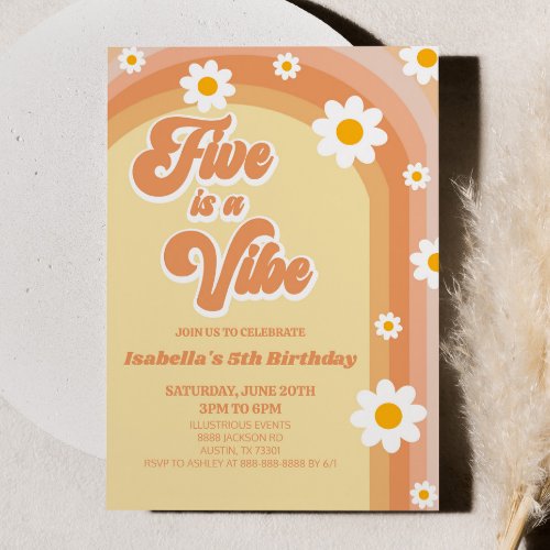 Five Is A Vibe Retro Daisy 5th Birthday Party Invitation