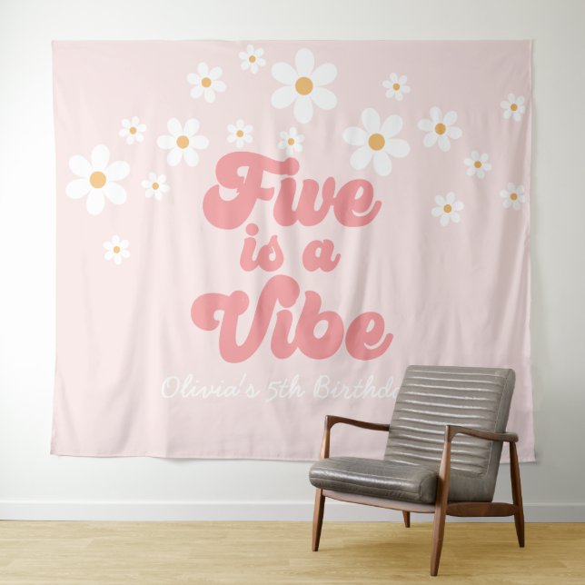 Five is a Vibe Retro Daisy Pink 5th Birthday Banne Tapestry (In Situ (Horizontal))