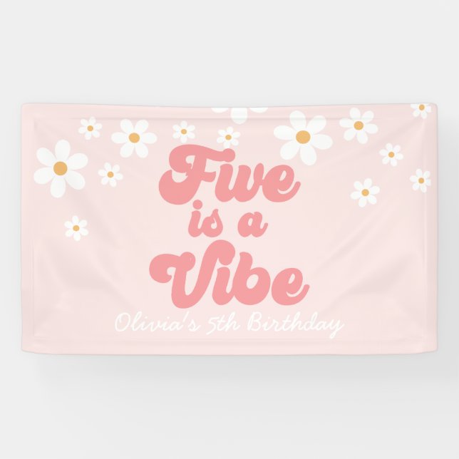 Five is a Vibe Retro Daisy Pink 5th Birthday Banner (Horizontal)