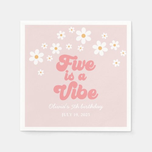 Five is a Vibe Retro Daisy Pink 5th birthday Napkins