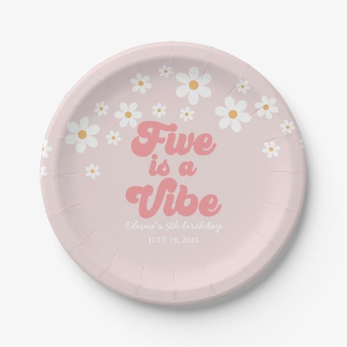 Five is a Vibe Retro Daisy Pink 5th birthday Paper Plates
