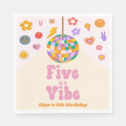 Five Is A Vibe Retro Disco Ball 5th Birthday Party Napkins