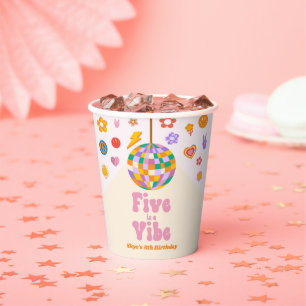 Five Is A Vibe Retro Disco Ball 5th Birthday Party Paper Cups