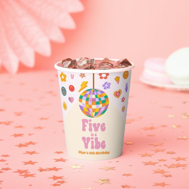 Five Is A Vibe Retro Disco Ball 5th Birthday Party Paper Cups (Insitu)