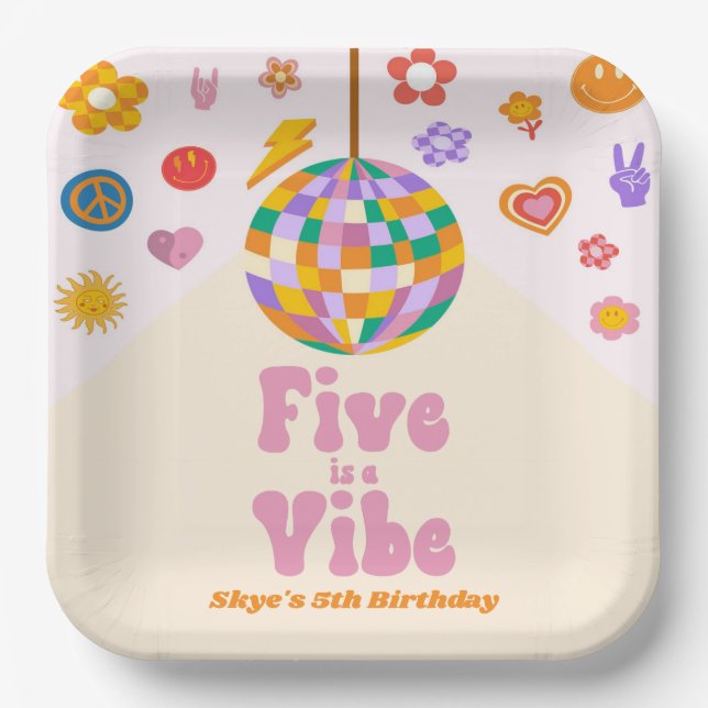 Five Is A Vibe Retro Disco Ball 5th Birthday Party Paper Plates (Front)