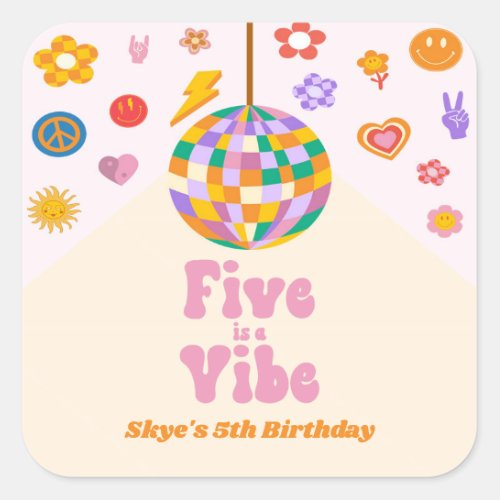 Five Is A Vibe Retro Disco Ball 5th Birthday Party Square Sticker