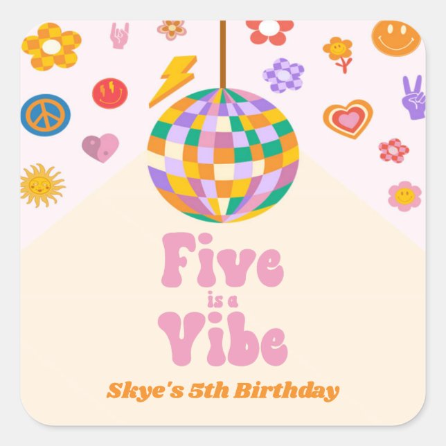 Five Is A Vibe Retro Disco Ball 5th Birthday Party Square Sticker (Front)