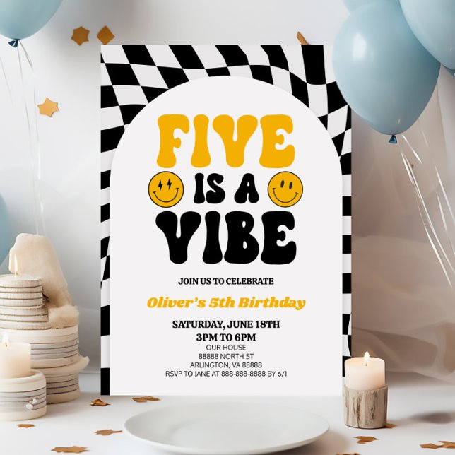 Five Is A Vibe Retro Fifth 5th Birthday Party Invitation (Creator Uploaded)