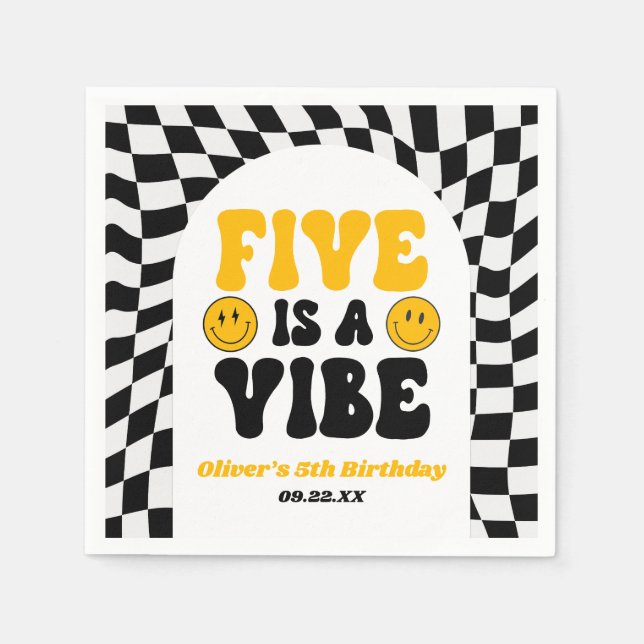 Five Is A Vibe Retro Fifth 5th Birthday Party Napkins (Front)