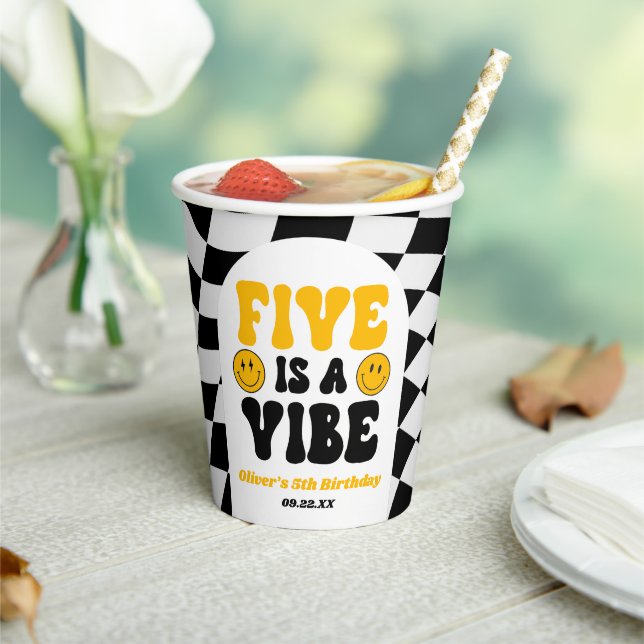 Five Is A Vibe Retro Fifth 5th Birthday Party Paper Cups (Insitu)