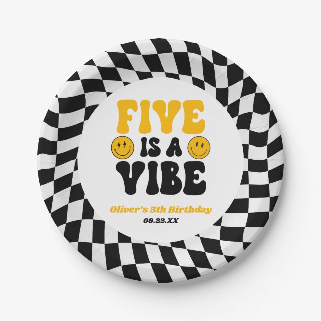 Five Is A Vibe Retro Fifth 5th Birthday Party Paper Plates (Front)