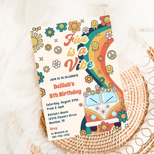 Five Is A Vibe Retro Floral 5th Birthday Party Invitation