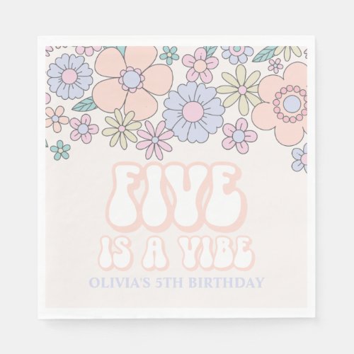 FIVE is a Vibe Retro pastel Floral 5th birthday Napkins