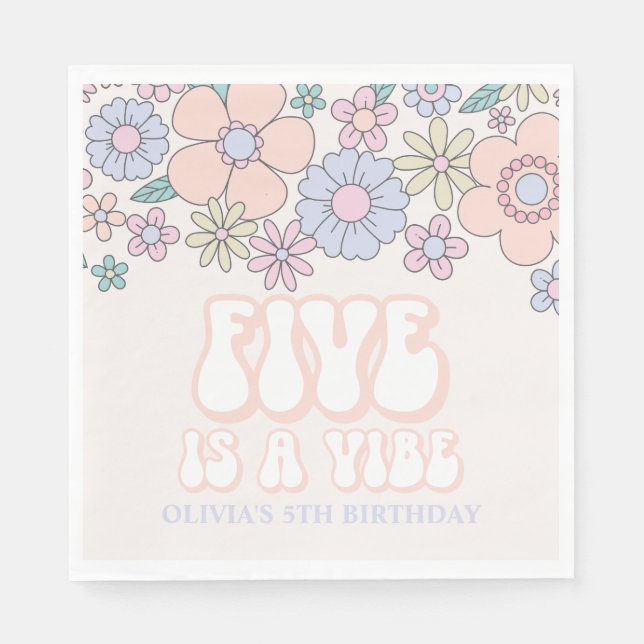 FIVE is a Vibe Retro pastel Floral 5th birthday Napkins (Front)