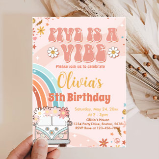 Five is a Vibe Retro Rainbow 5th Birthday Invitation