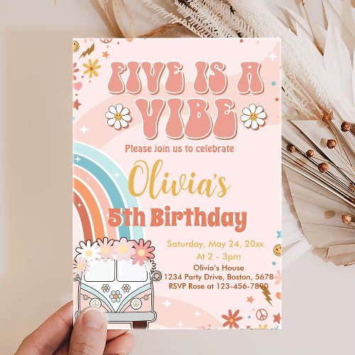 Five is a Vibe Retro Rainbow 5th Birthday  Invitation