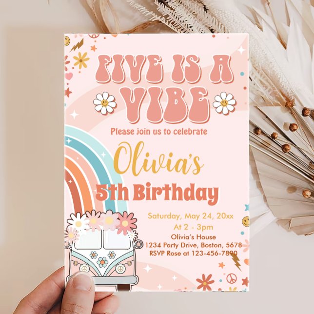 Five is a Vibe Retro Rainbow 5th Birthday  Invitation (Creator Uploaded)