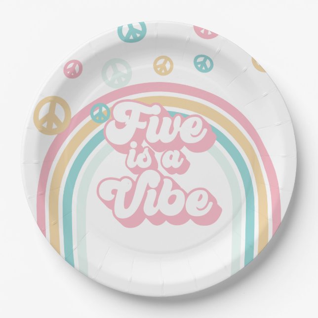 Five is a Vibe Retro Summer Rainbow Paper Plates (Front)