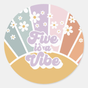 Five is a Vibe Retro Sunshine Rainbow Daisy Classic Round Sticker