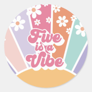 Five is a Vibe Retro Sunshine Rainbow Daisy Classic Round Sticker