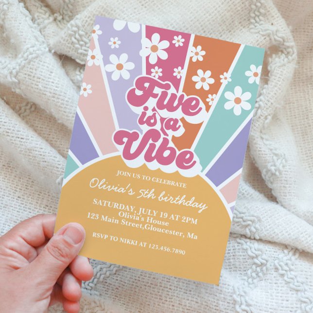 Five is a Vibe Retro Sunshine Rainbow Daisy Invita Invitation (Creator Uploaded)