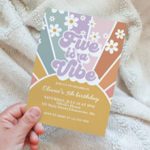 Five is a Vibe Retro Sunshine Rainbow Daisy Invitation