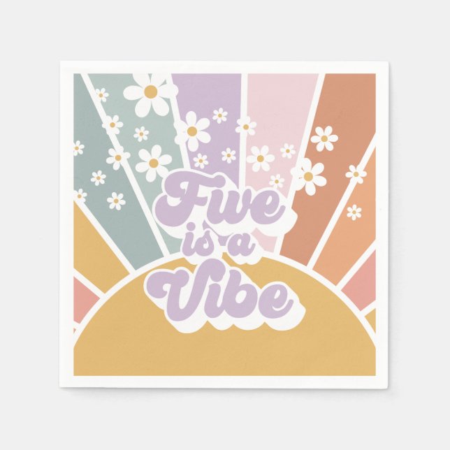 Five is a Vibe Retro Sunshine Rainbow Daisy Napkins (Front)