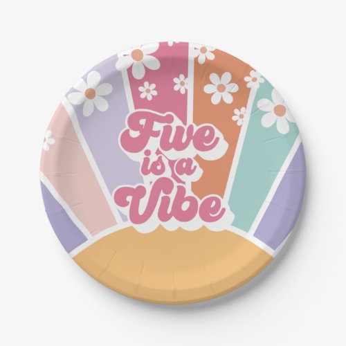 Five is a Vibe Retro Sunshine Rainbow Daisy Paper Plates