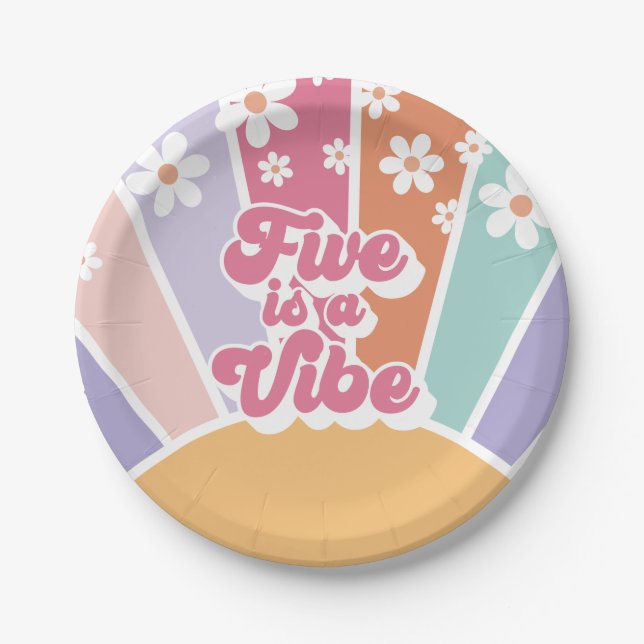 Five is a Vibe Retro Sunshine Rainbow Daisy Paper Plates (Front)