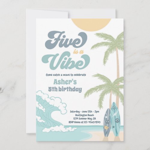 Five Is A Vibe Retro Surf Beach Birthday Party Invitation