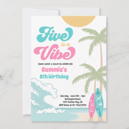 Five Is A Vibe Retro Surfboard Beach Birthday Invitation