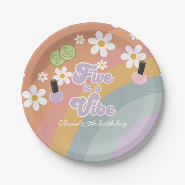 Five is a vibe Spa Rainbow 5th Birthday Paper Plates (Front)