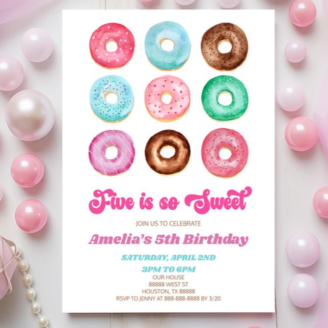 Five Is So Sweet Donut Sprinkle 5th Birthday Party Invitation (Creator Uploaded)