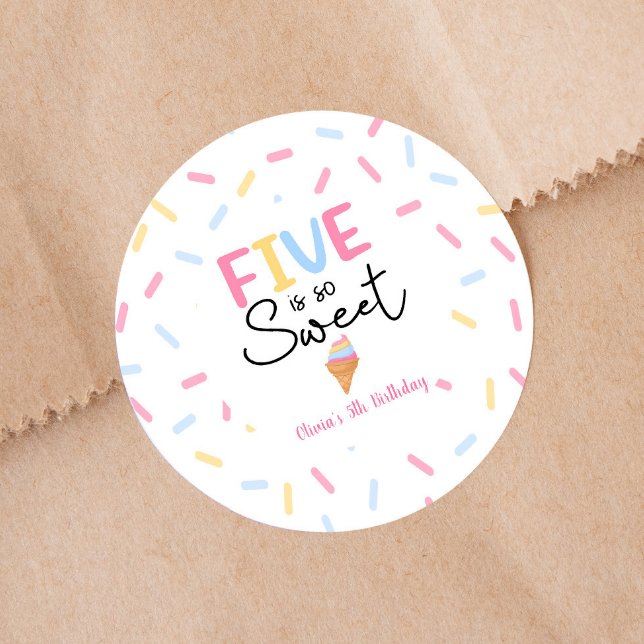 Five Is So Sweet Ice Cream 5th Birthday Party Classic Round Sticker (Creator Uploaded)