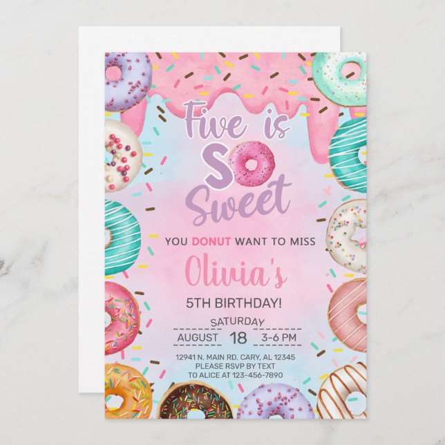 Five is Sweet girl 5th birthday invitation donuts. (Front/Back)