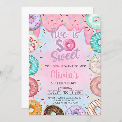 Five is Sweet girl 5th birthday invitation donuts