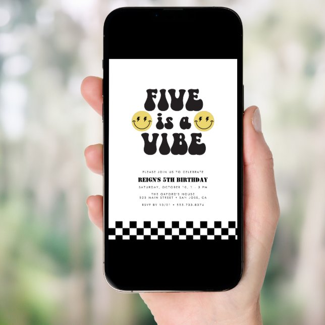 Five is Vibe | Boys Happy Face Kids 5th Birthday Invitation (Front Digital)