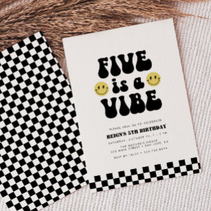 Five is Vibe   Boys Happy Face Kids 5th Birthday Invitation