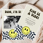 Five is Vibe | Boys Happy Face Kids 5th Birthday  Invitation<br><div class="desc">Yo Dude! It's Party Time! (Dude, I'm Five! Invitations) boys 5th birthday invitations Level up your little man's 5th birthday with these totally rad "Dude, I'm Five!" invitations! Kids Birthday Invitations: Eye-catching design with a happy face chillin' on a classic checkered floor. Unique Invitations: Stand out with this playful, personalized...</div>